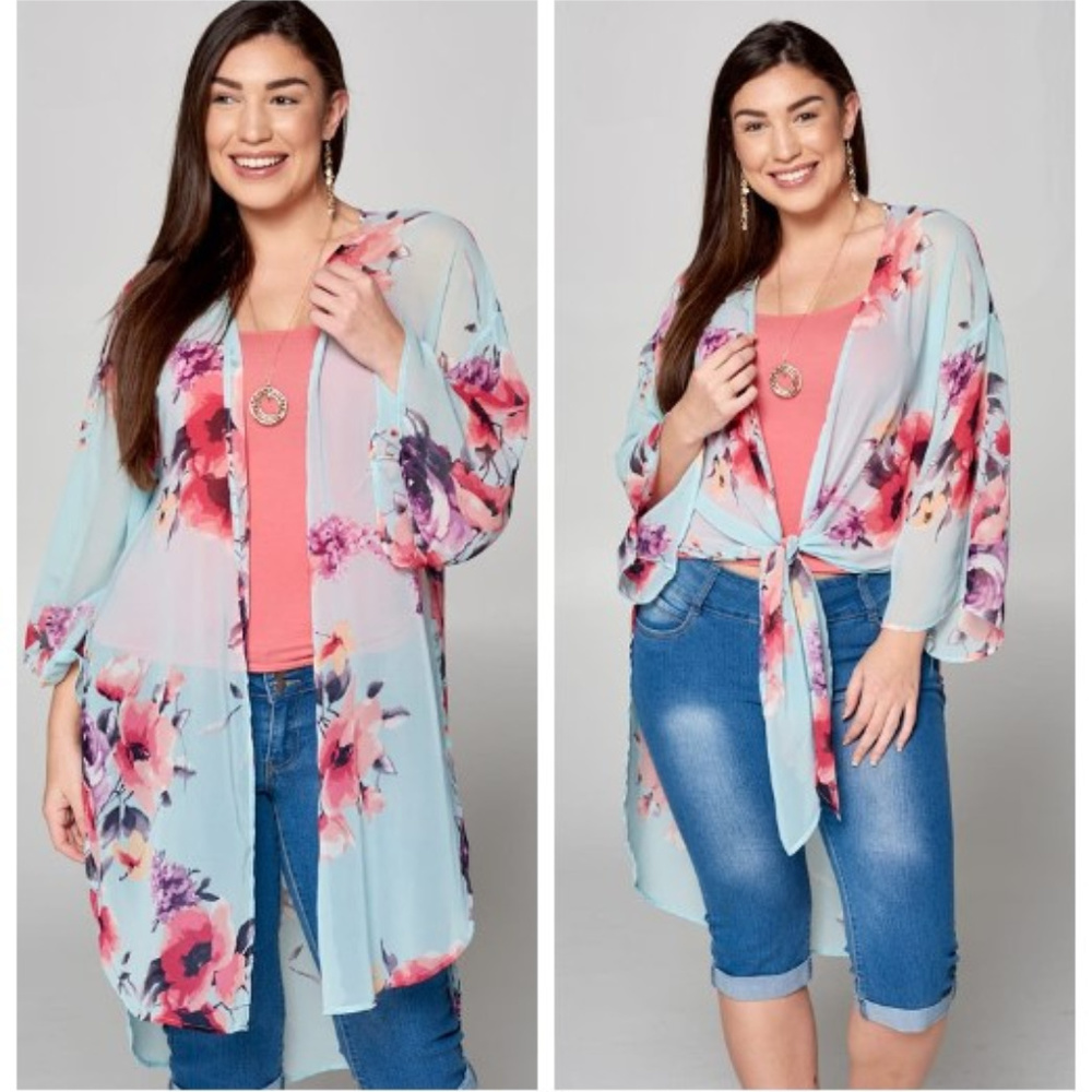 3 LEFT Plus Size Floral Print Chiffon Kimono